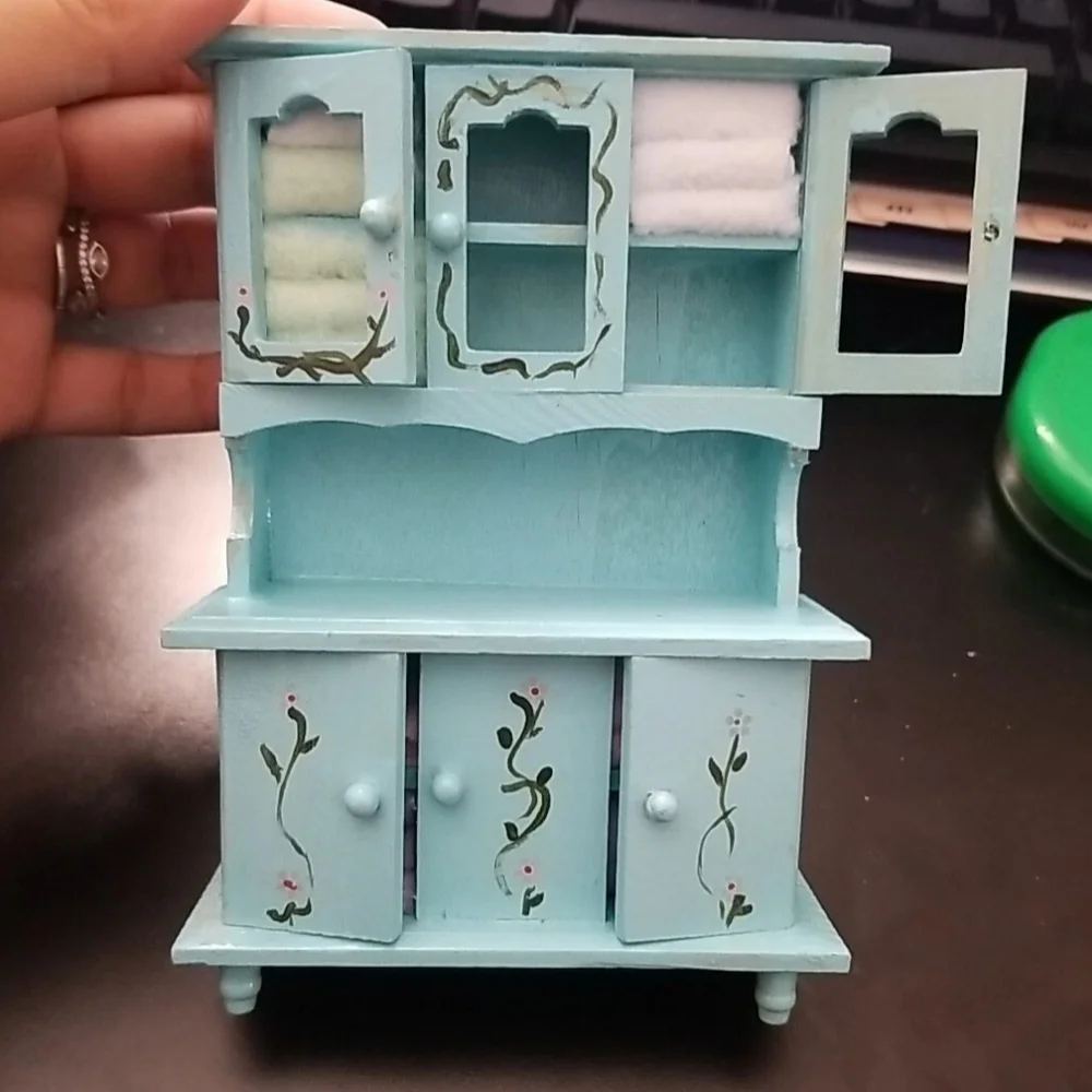 EHI finished Wooden Blue, Dollhouse Minature Dining Room Cabinet Cupboard Hutch